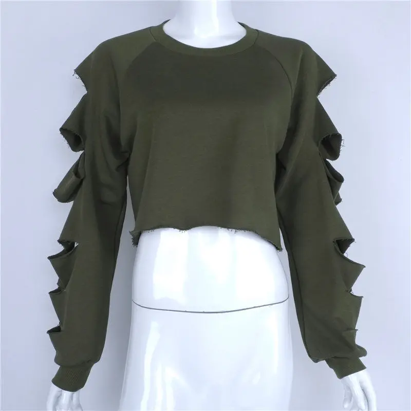 Fall Cut Out Cropped Sweatshirt Women Hoodies O Neck Sleeve Cut Tracksuit Tops Army Green Sport Jogging Femme 7