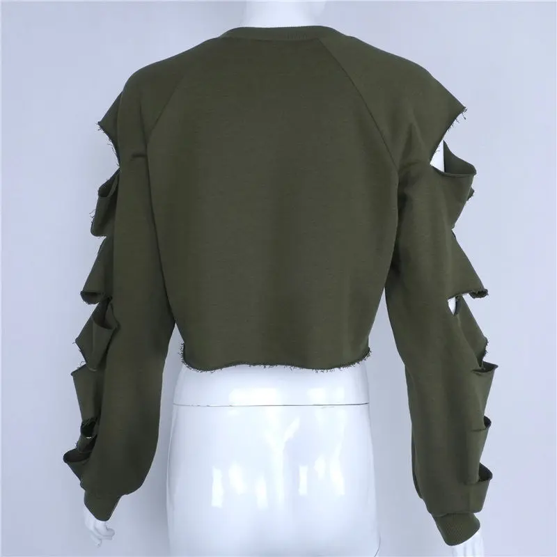 Fall Cut Out Cropped Sweatshirt Women Hoodies O Neck Sleeve Cut Tracksuit Tops Army Green Sport Jogging Femme 8