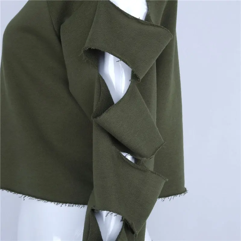 Fall Cut Out Cropped Sweatshirt Women Hoodies O Neck Sleeve Cut Tracksuit Tops Army Green Sport Jogging Femme 9