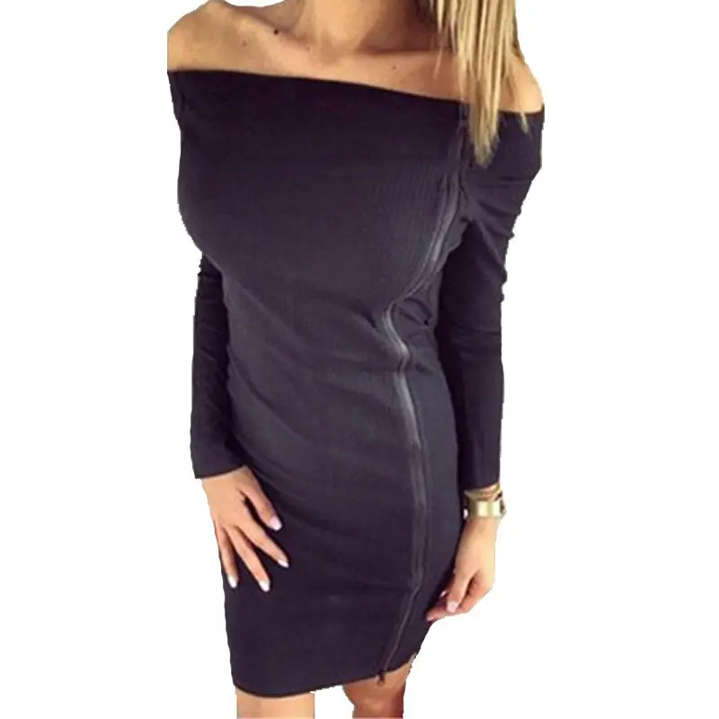 Fall Elegant Off Shoulder Knit Dress Women Side Zipper Slim Bodycon Dress Sexy Wrap Knitted Mini Dress Black White 1