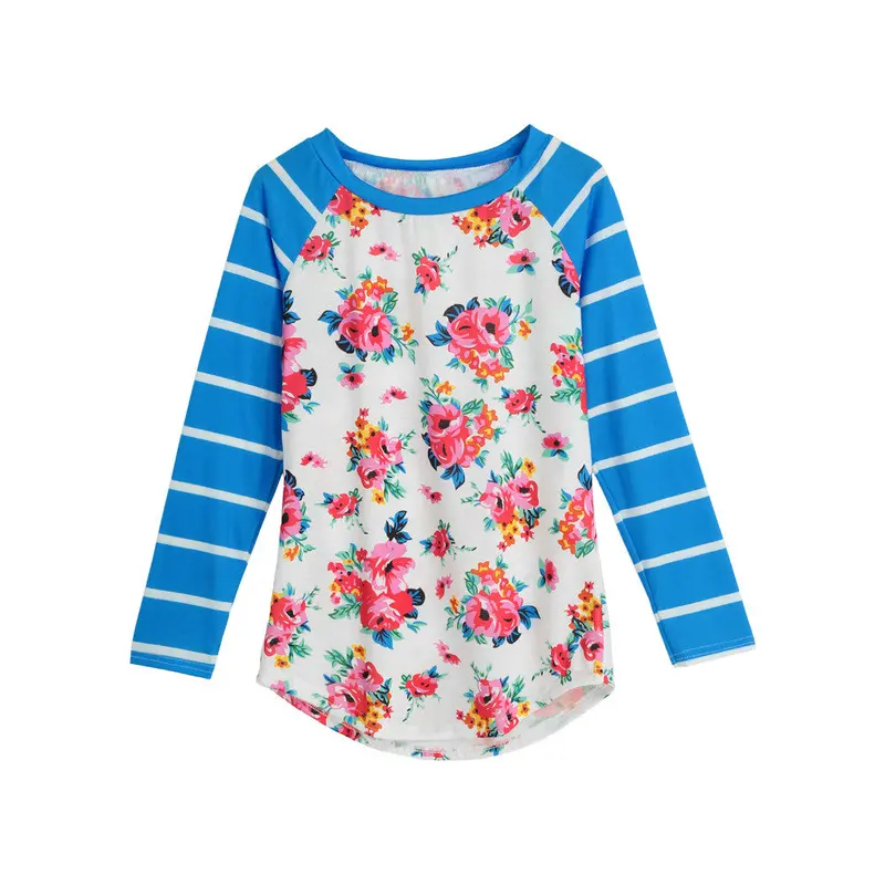 Fall Fashion Women Shirt Casual Printed T-Shirt Floral Stripe Sleeve Curved Hem Top Pink/Blue Undershirts Camisass 1