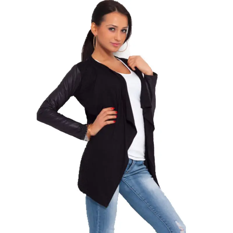 Fall Knitted Women Coat Pu Leather Sleeve Patchwork Cardigan Jacket Chaquetas Mujer Slim Outwear Tops Women Jacket 1