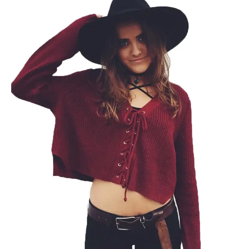 Fall Lace Up Knitwear Sweater Crop Top Loose Long Sleeve Pull Femme Knitted Pullovers Women Vintage Cropped Sweater 1