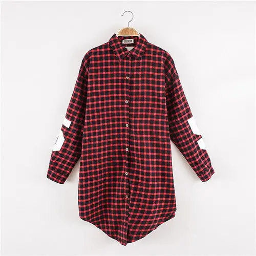 Fall Plaid Shirt Coat Women Red Black Letter Number Print Long Blouses And Shirts Women Coat Turn Down Collar Plaid Blouses 1