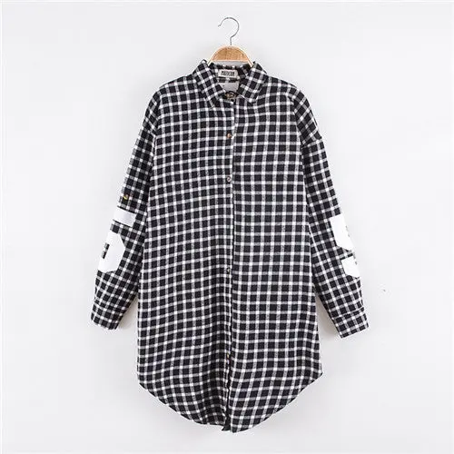 Fall Plaid Shirt Coat Women Red Black Letter Number Print Long Blouses And Shirts Women Coat Turn Down Collar Plaid Blouses 2