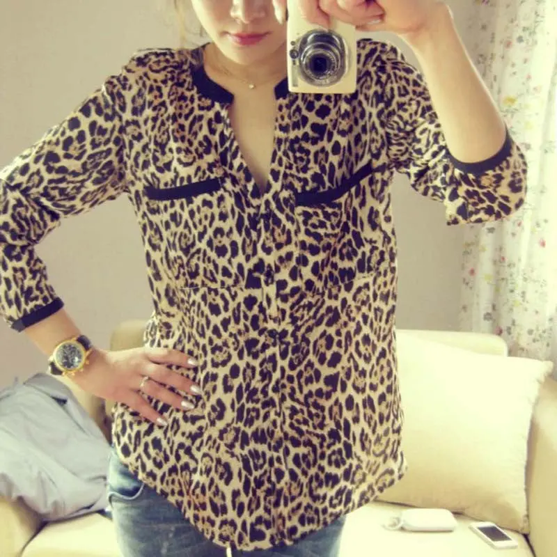 Fall Women Shirts Leopard Print Long Sleeve Women's Shirt Chiffon Blouse Slim Casual Tops Blusa Feminina 1