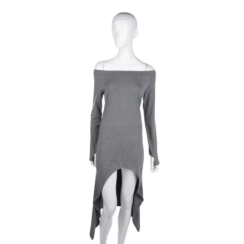 Fallcasual Sexy Draped Shoulder Irregular Hem T-Shirt Dress Ladies Long Sleeve Vestidos Loose Dress Greyblack 1