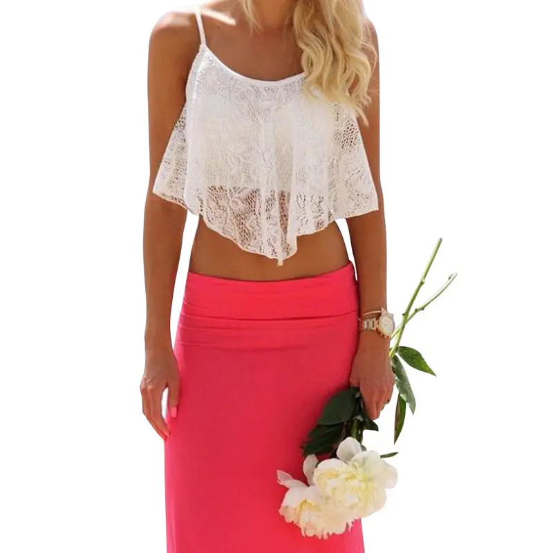 False 2 Pieces Women Solid Lace Crochet Floral Crop Tops Irregular Bralette Bralet White Mini Vest Tank Tops Cropped Feminino 1