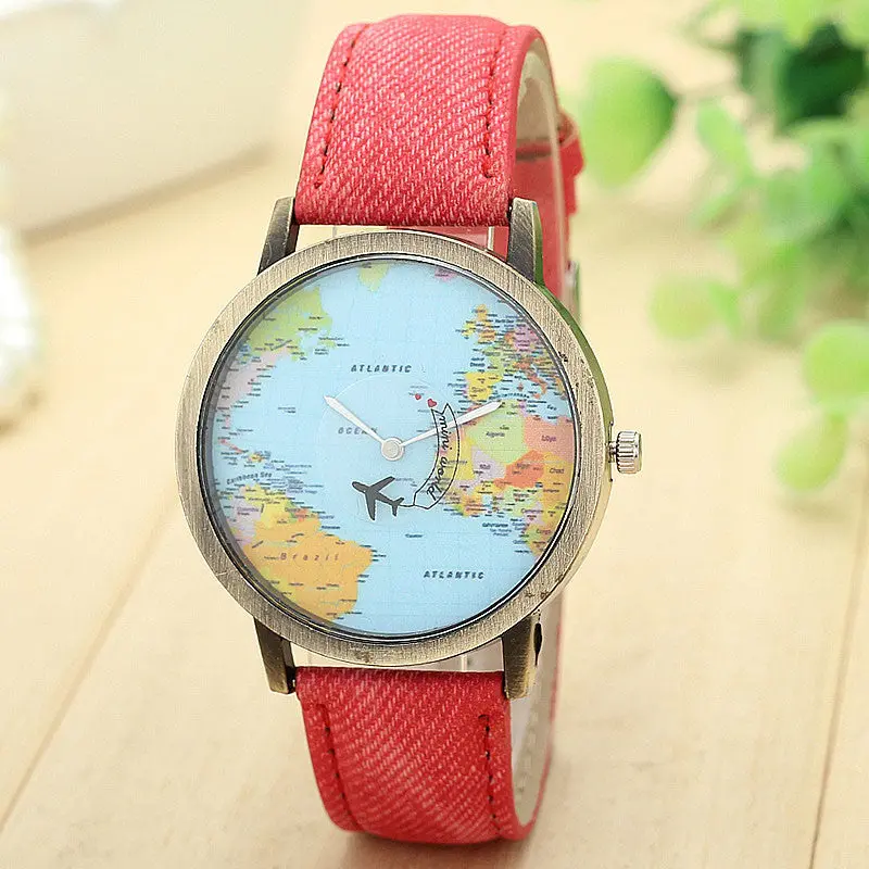 Famous Watches Global Travel By Plane Map Dress Watch Denim Fabric Band Wristwatch Women Feida 3