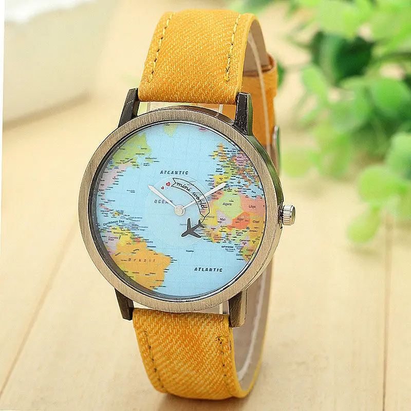 Famous Watches Global Travel By Plane Map Dress Watch Denim Fabric Band Wristwatch Women Feida 4
