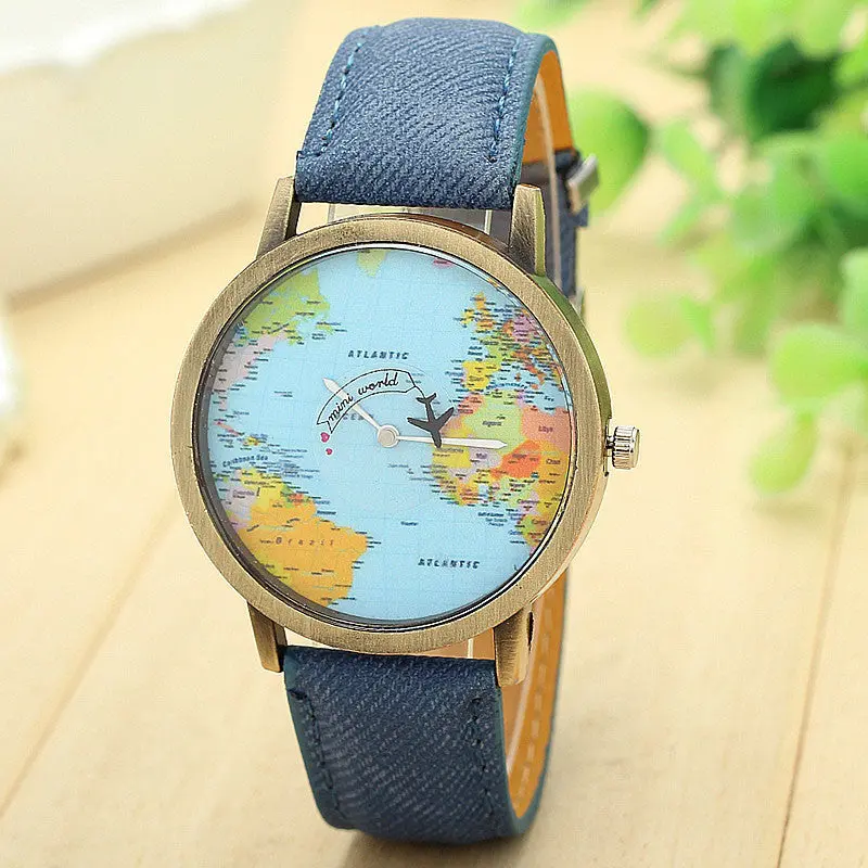 Famous Watches Global Travel By Plane Map Dress Watch Denim Fabric Band Wristwatch Women Feida 5