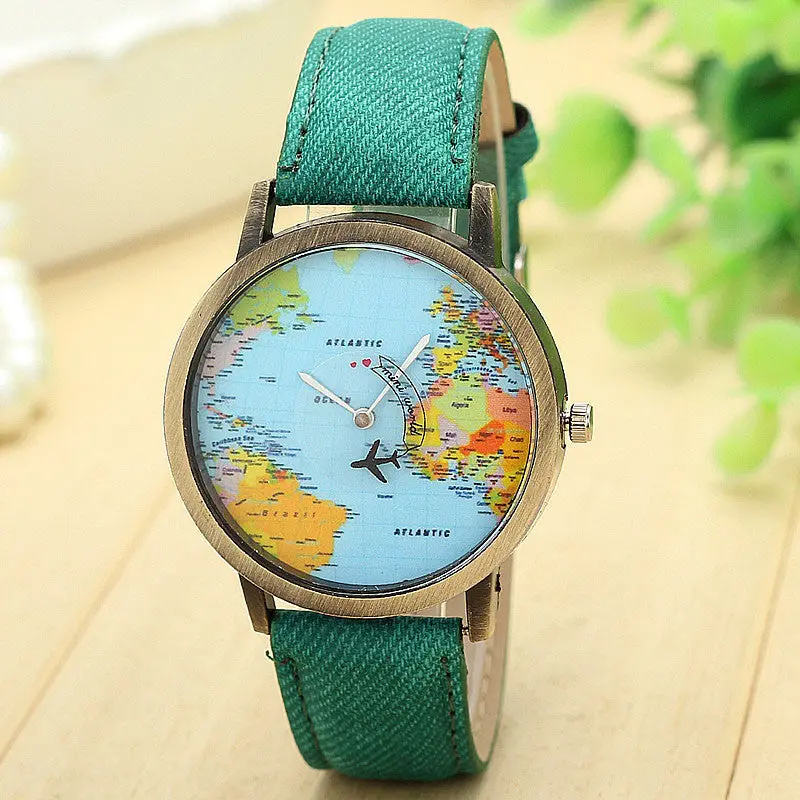 Famous Watches Global Travel By Plane Map Dress Watch Denim Fabric Band Wristwatch Women Feida 6