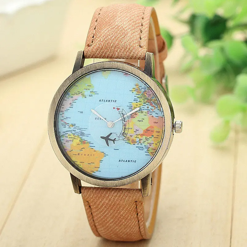 Famous Watches Global Travel By Plane Map Dress Watch Denim Fabric Band Wristwatch Women Feida 7