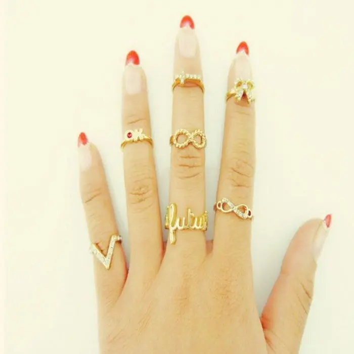 Fantastic Arrive 7Pcs Design Cute Eye Bowknot Crown Rhinestone Joint Rings & Feida 1