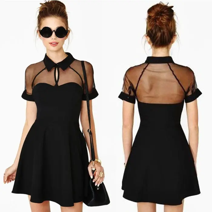 Fantastic Girls Black Lapel Short Sleeve Chiffon Slim Dress Evening Party Mini Dress & Feida 1