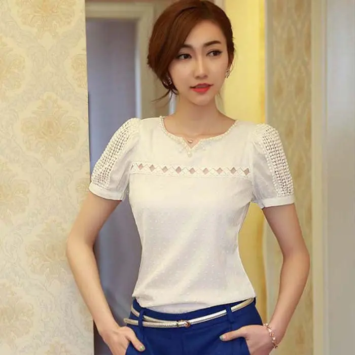 Fantastic Lady Women Lace Short Sleeve Shirt V Neck Doll Chiffon Blouse Tops Feida 1