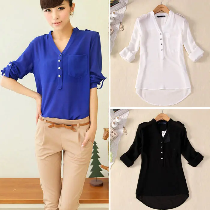 Fantastic Women V-Neck Chiffon Long Sleeve Casual Shirt Blouse Feida 1