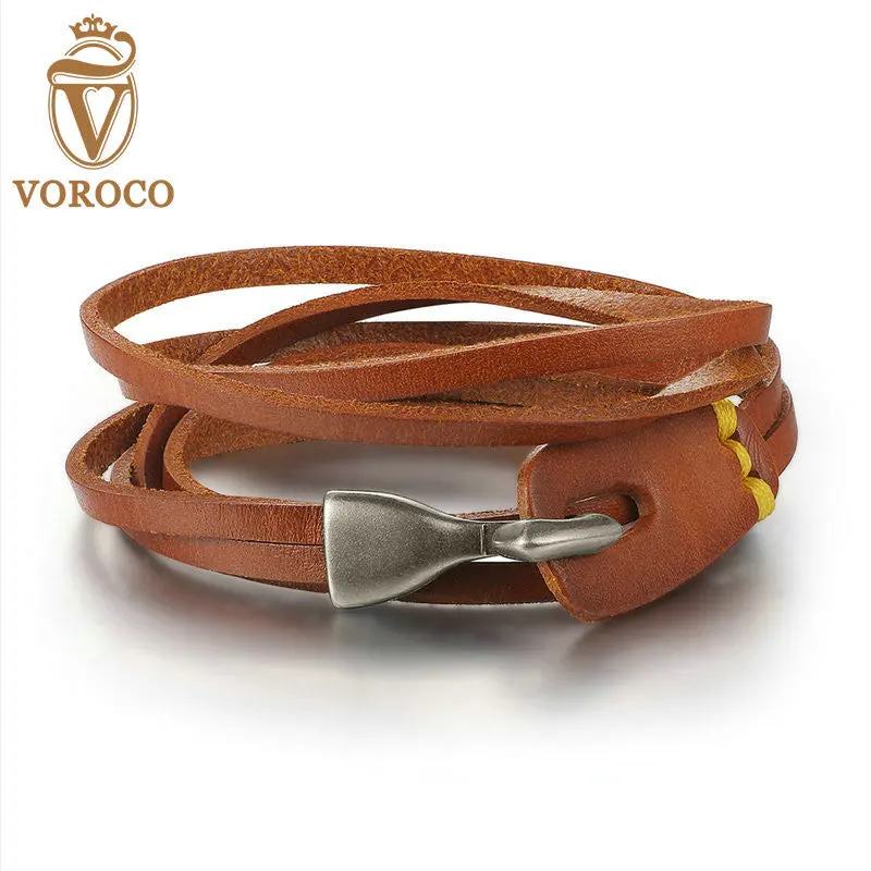 Fashion Alloy Buckle Retro Leather Bracelet Adjustable Long Chain Brown Bracelets For Men Unisex 0289-2 1