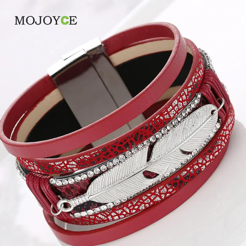 Fashion Alloy Feather Leaves Wide Magnetic Leather Bracelets Unisex Multilayer Bracelets Fashion Jewelry 1