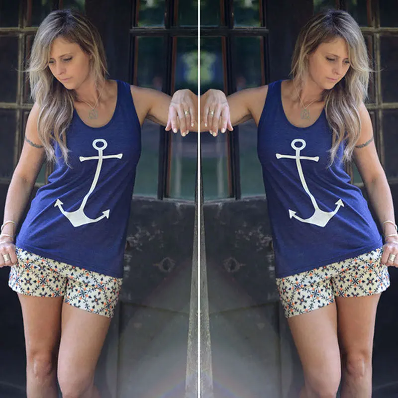 Fashion Anchor Printing T-Shirt Fancy Sleeveless Shirt Crop Tops O Neck Simple Sport Vest Sexy Tank Top Women Tops 1