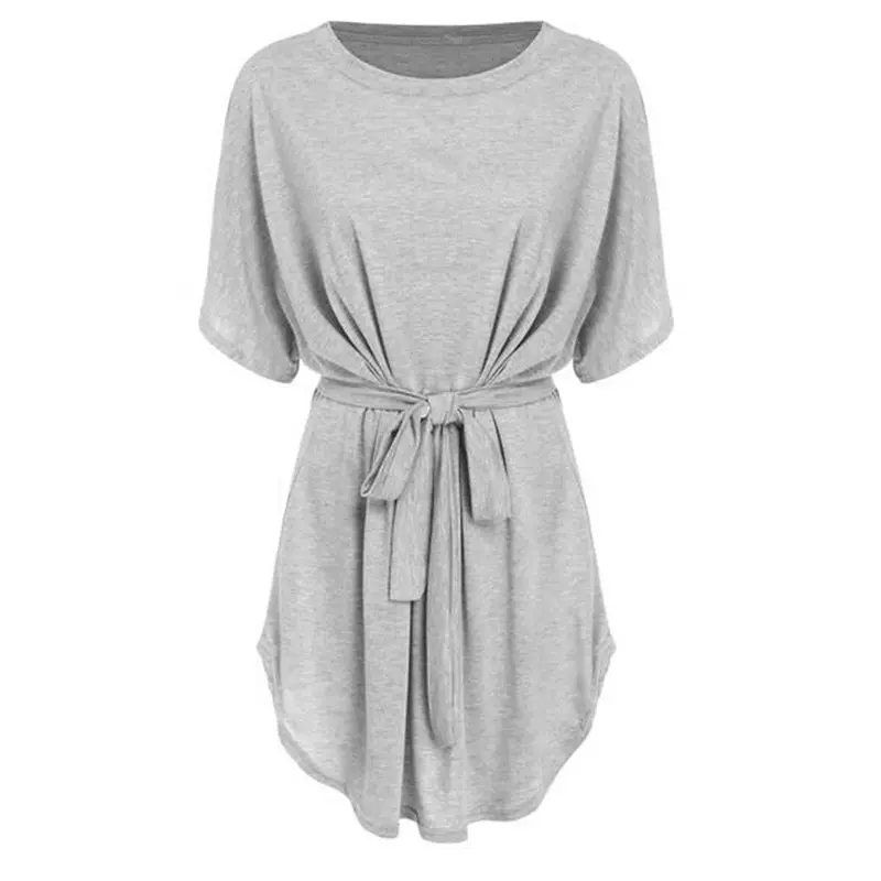 Fashion Big Size Loose Batwing Sleeve Irregular Dolman Dress With Belt O-Neck Solid Color Beach Dress 1