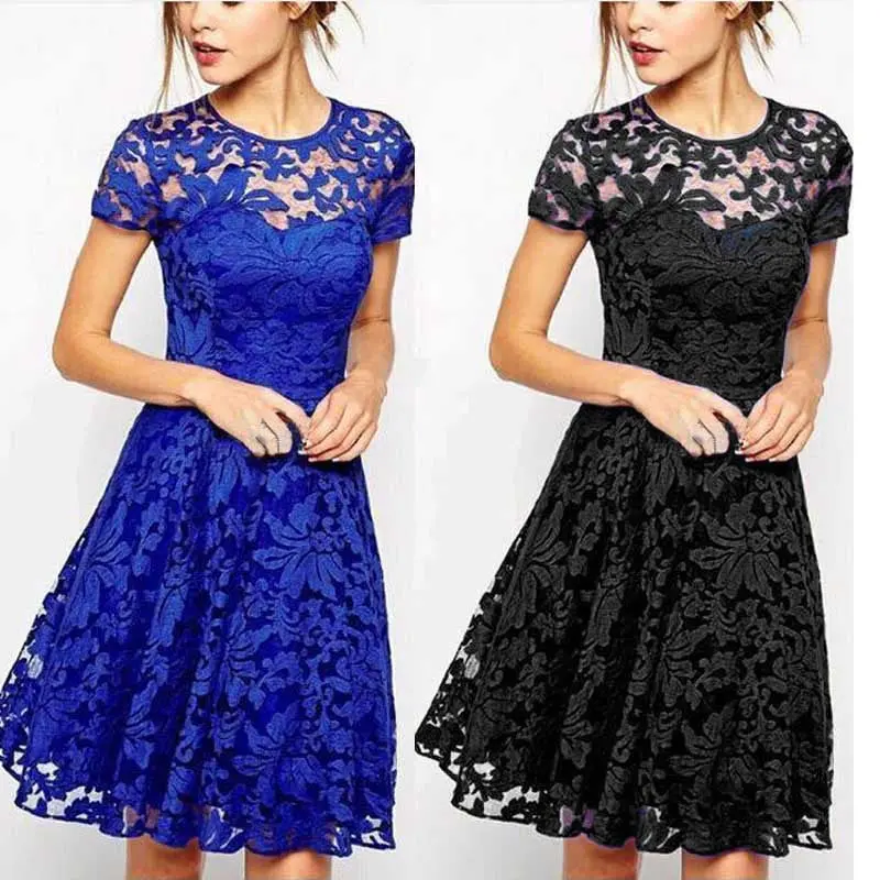 Fashion Black Blue Sexy Women's Ladies Floral Vestido Lace Dress Short Sleeve Bodycon Longos Dress Freeship 4
