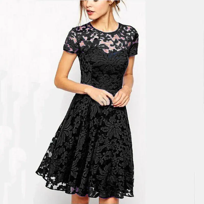 Fashion Black Blue Sexy Women's Ladies Floral Vestido Lace Dress Short Sleeve Bodycon Longos Dress Freeship 6