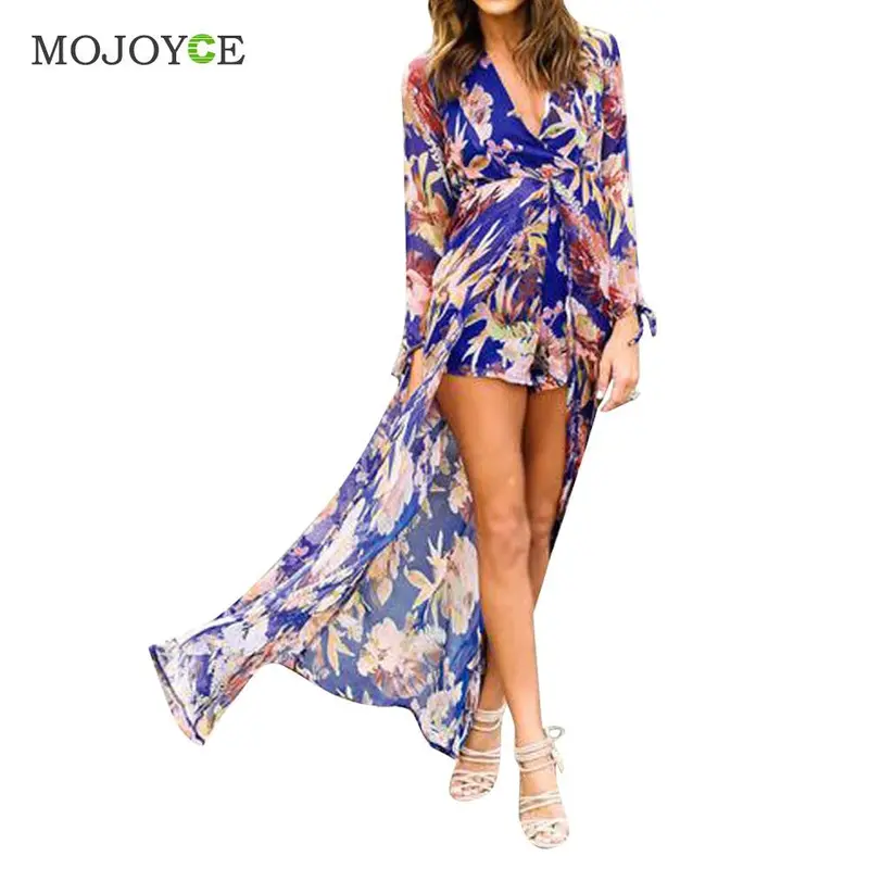 Fashion Blue Irregular Chiffon Playsuit Dress Bodycon Clubwear Long Dress Bodycon Playsuit Deep V-Neck Women Dress 1