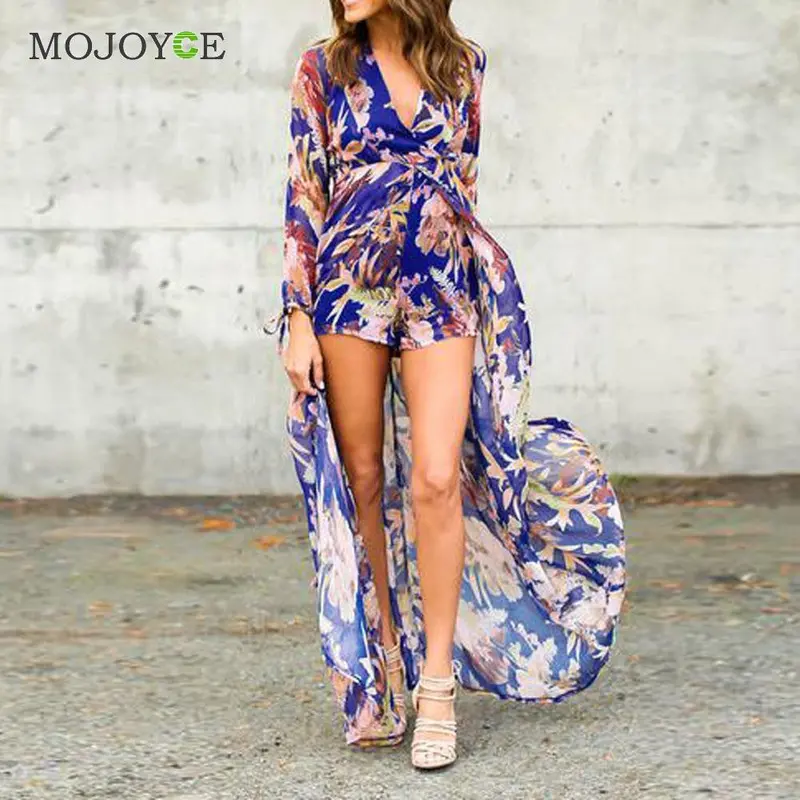 Fashion Blue Irregular Chiffon Playsuit Dress Bodycon Clubwear Long Dress Bodycon Playsuit Deep V-Neck Women Dress 3