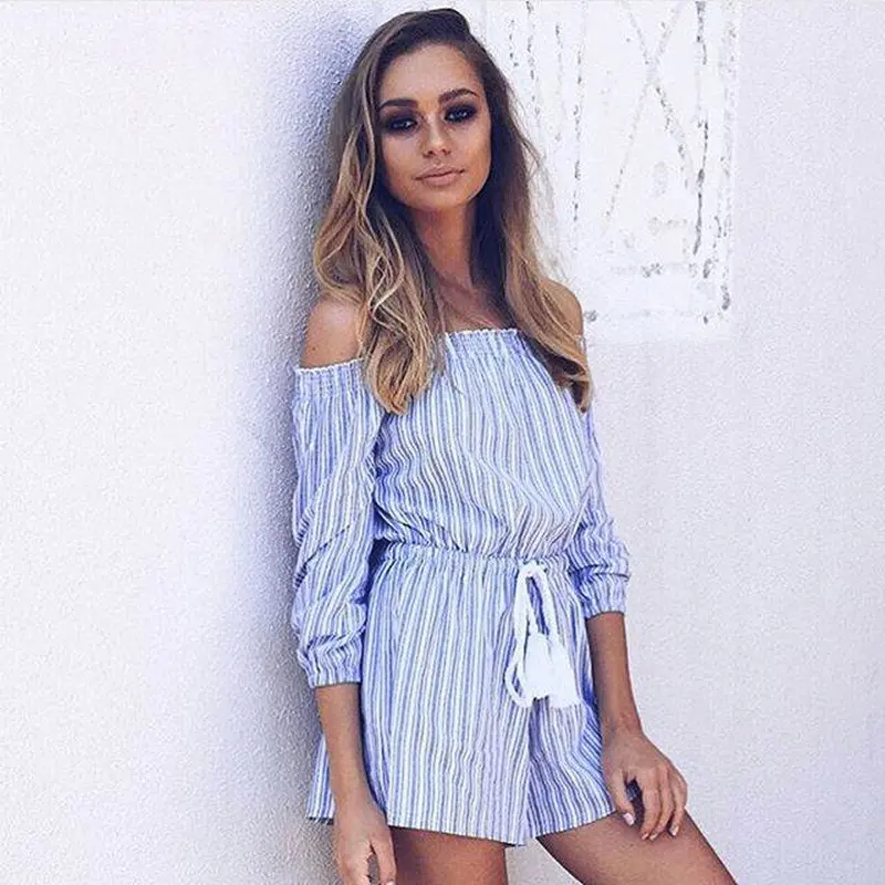 Fashion Blue Striped Jumpsuit Women Short Tassel Combinaison Short Femme Jumpsuits Rompers Womens Jumpsuit Combinaison Femme 3