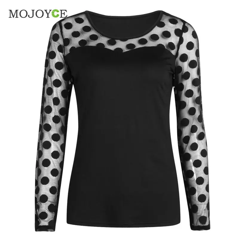 Fashion Blusa Women Blouses Long Sleeve Polka Dot Lace Inset Top Shirt Women Blusas Vintage Women Tops Blusas Y Camisas Mujer 2