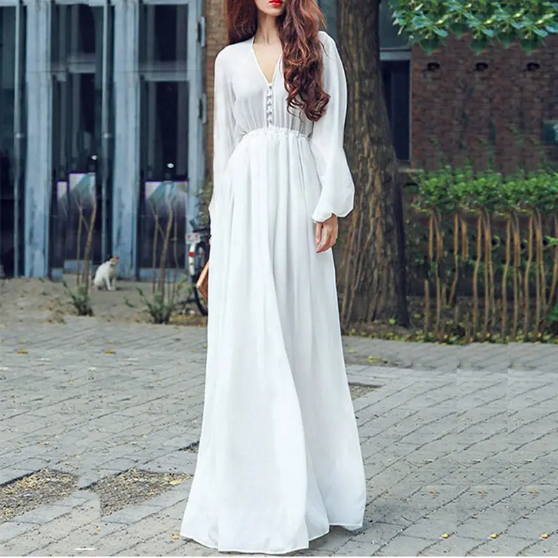 Fashion Bohemia Pure Color Buttons V-Neck Elegant Chiffon Dress White Long Dress Vestido Mujer Long Sleeve Boho Party Dress 1