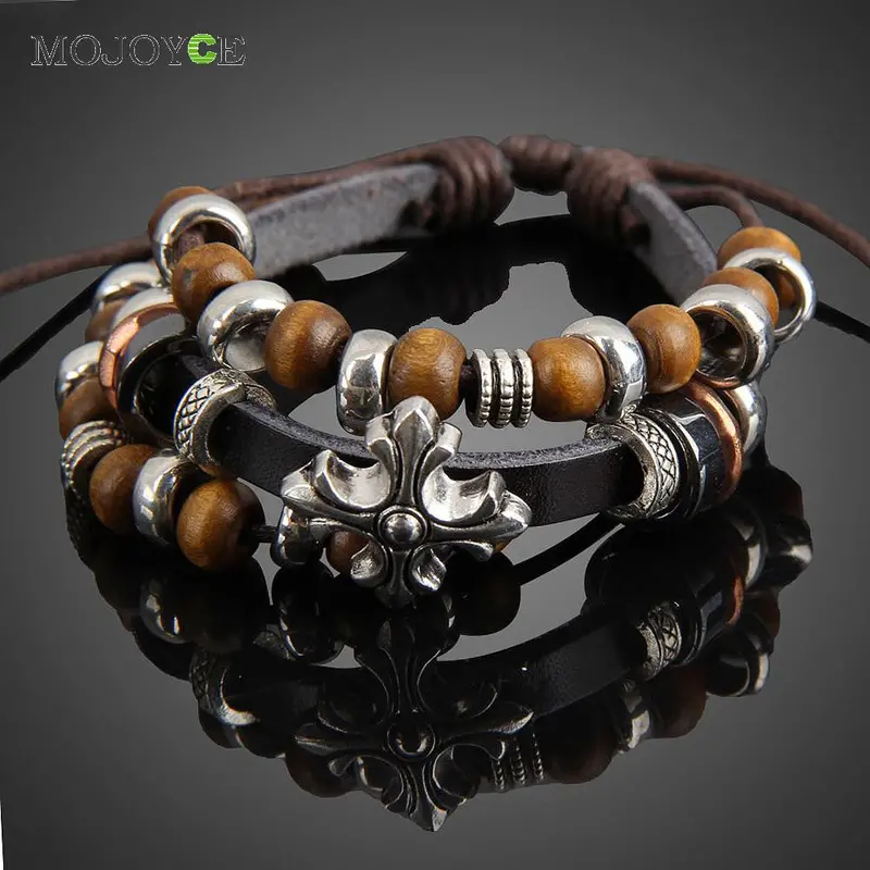 Fashion Bronze Cross Beads Multilayer Braid Bracelet Unisex String Bangle 1