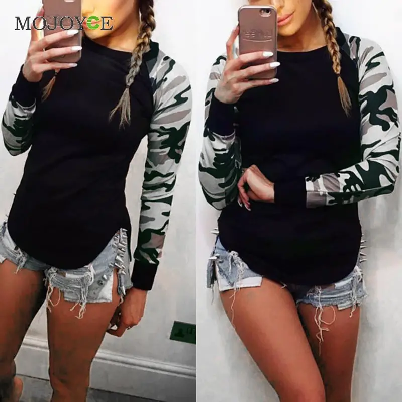Fashion Camouflage Long Sleeve T Shirt Women Crew Neck Wpmen Tops Milk Fabric Tee Shirt Tops T-Shirt Blusa Plus Size 3