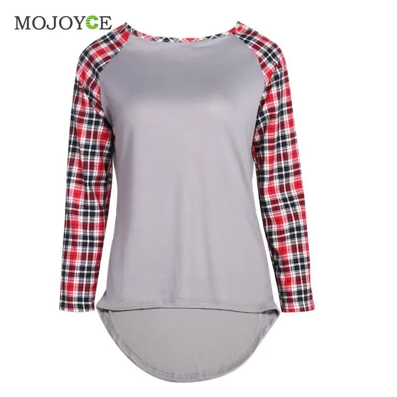 Fashion Casual Round Neck T Shirt Women Tops Plaids Check Blusa Long Sleeve T Shirt Plus Size 1