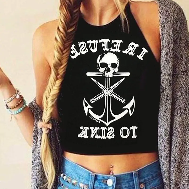 Fashion Crop Tops Women Letter Anchor Print Halterneck Tank Tops Sleeveless Halter Top Women Black Cropped Feminino Vest Blusa 1