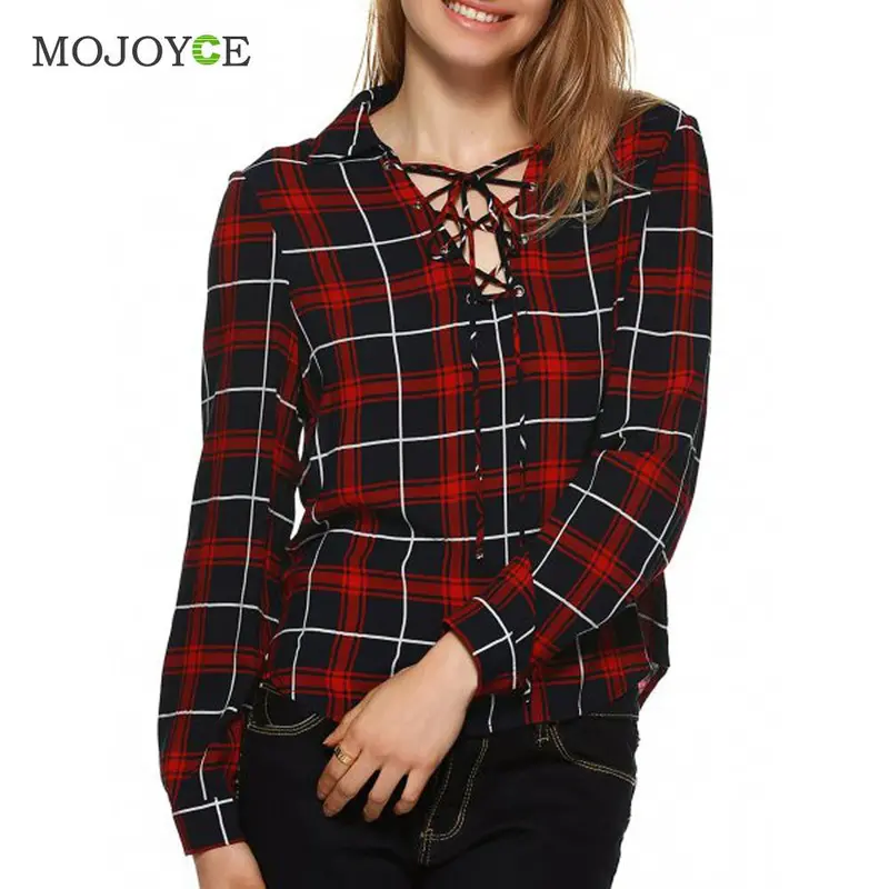 Fashion Cross Strap Women Blouses Cotton Plaid Shirts Women Long Sleeve Loose Tops Loose Blusas Tops Plus Size Blusa Feminina 1