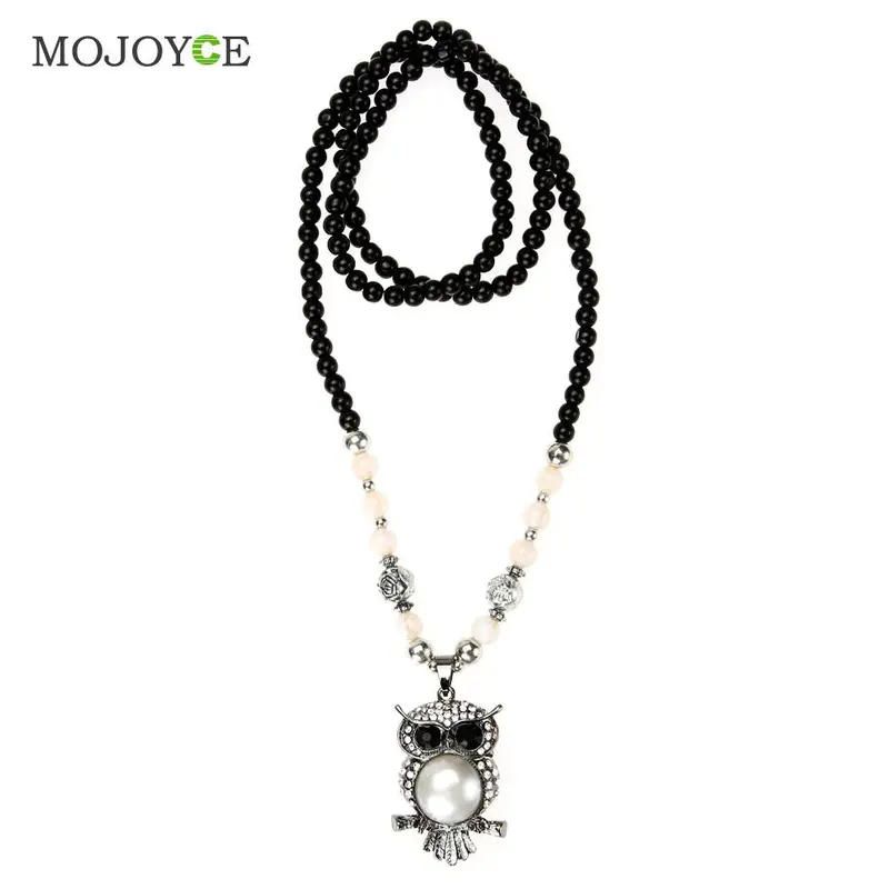 Fashion Crystal Owl Pendant Necklace Women Vintage Style Long Chain Beaded Necklace Pendant Jewelry 1