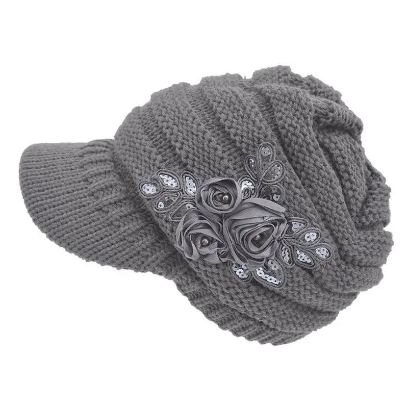 Fashion & Ctue Women's Cable Knit Visor Hat With Flower Accent Tops Hats Ing 1