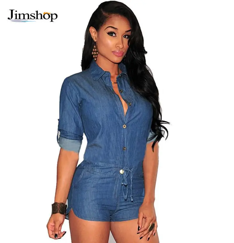 Fashion Denim Women Casual Middle Sleeve V Neck Elastic Waist Rompers Womens Jumpsuits Blue Striped 2