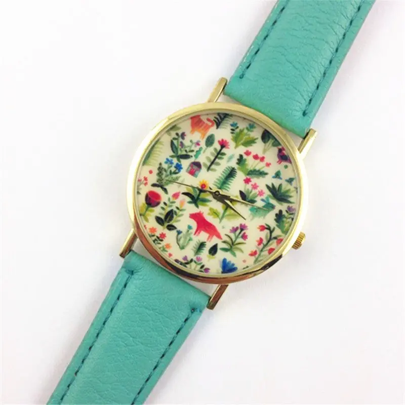 Fashion Design Women's Analog Quartz Wrist Watch Leather Animal Floral Printed Ladies Dress Watches 1