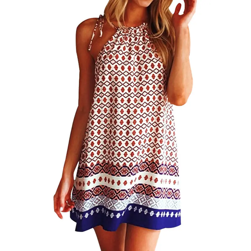 Fashion Dress Casual Sleeveless Backless Spaghetti Strap Mini Women Dress Print Beach Dress Vestidos De Festa 1