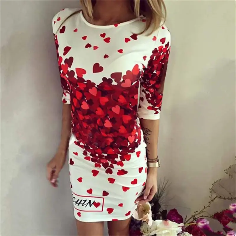 Fashion Dress Women Casual Heart Lovely Printing Dresses Elegant Short Sleeve Round Neck Vestidos De Festa Dress 1