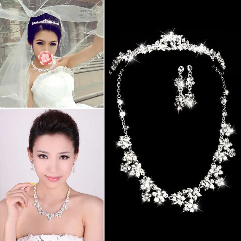 Fashion Elegant Luxurious Crown Tiara Rhinestone Necklace Earring Crown Set Party Wedding Jewelry Set Brides 1