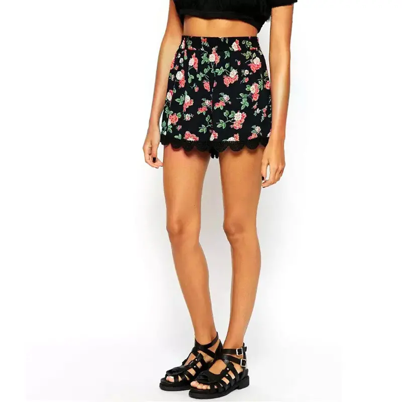 Fashion Elegant Shorts Women Black Floral Print Lace Patchwork Elastic Waist Short Feminino Pantalon Femme Skirt Shorts 1