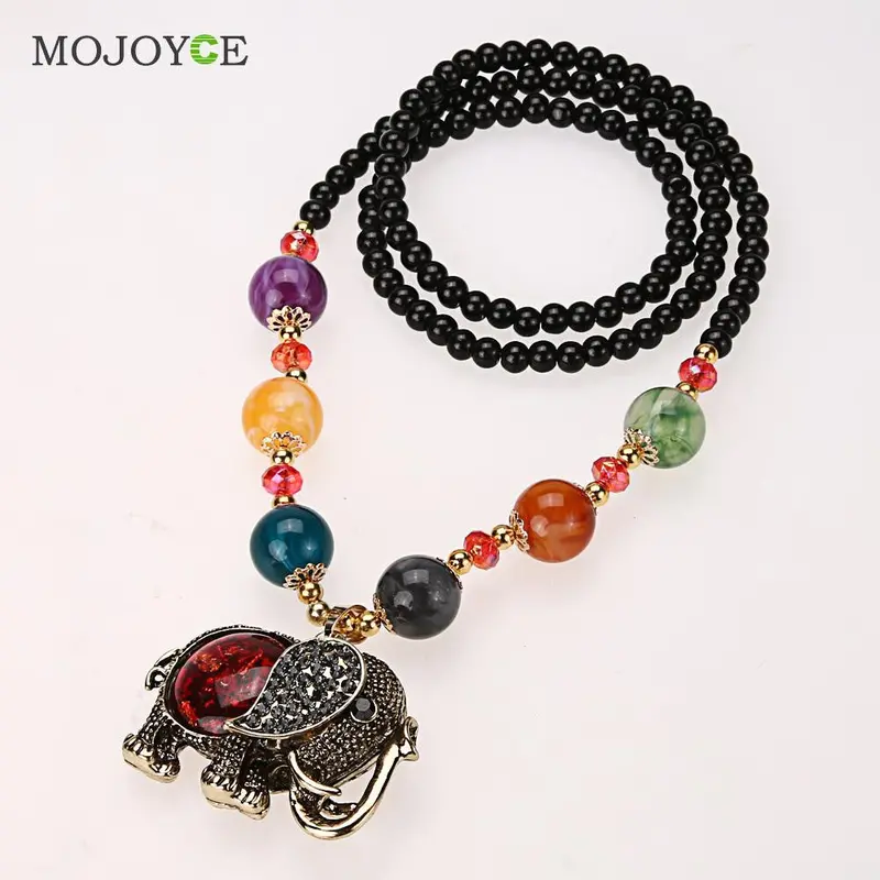 Fashion Elephant Women Bohemian Style Long Chain Necklace Azure Stone Rosary Beads Pendant Jewelry 1