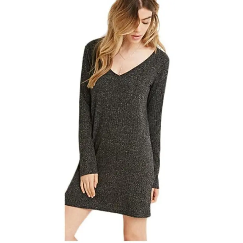 Fashion European Women Dress Long Sleeve V-Neck Jumper Slim Knit Dress Plus Size 1
