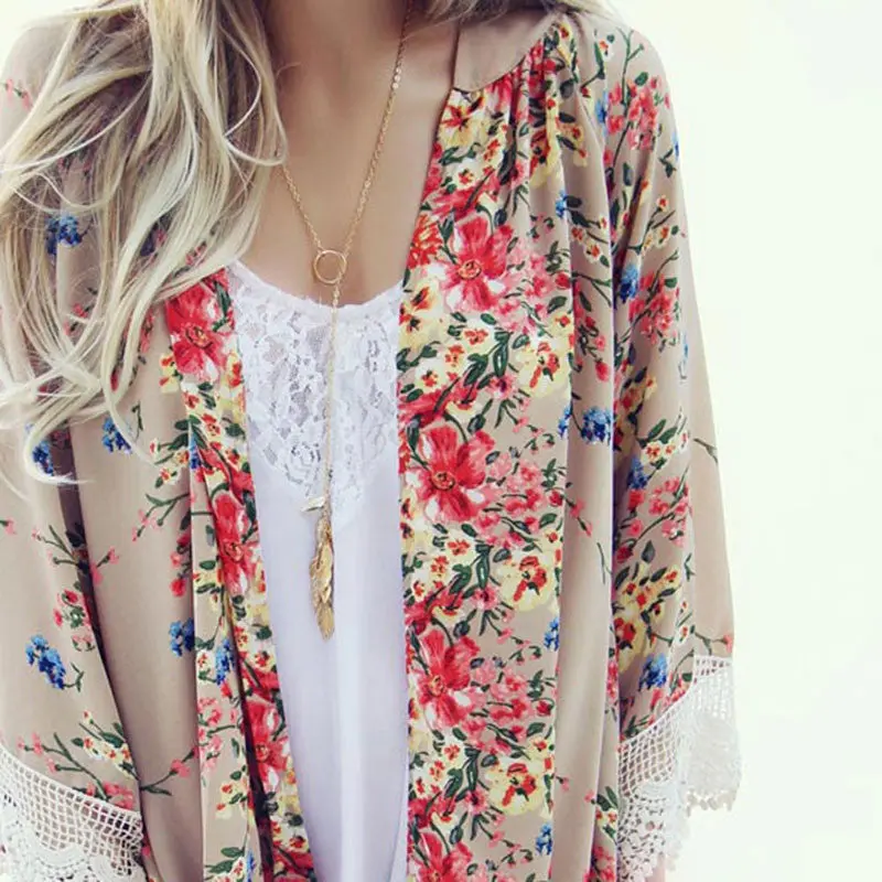 Fashion Floral Chiffon Kimono Women Cardigan Elegant Lace Women Flower Print Chiffon Blouse Shirt Women Loose Kimono Jacket 2