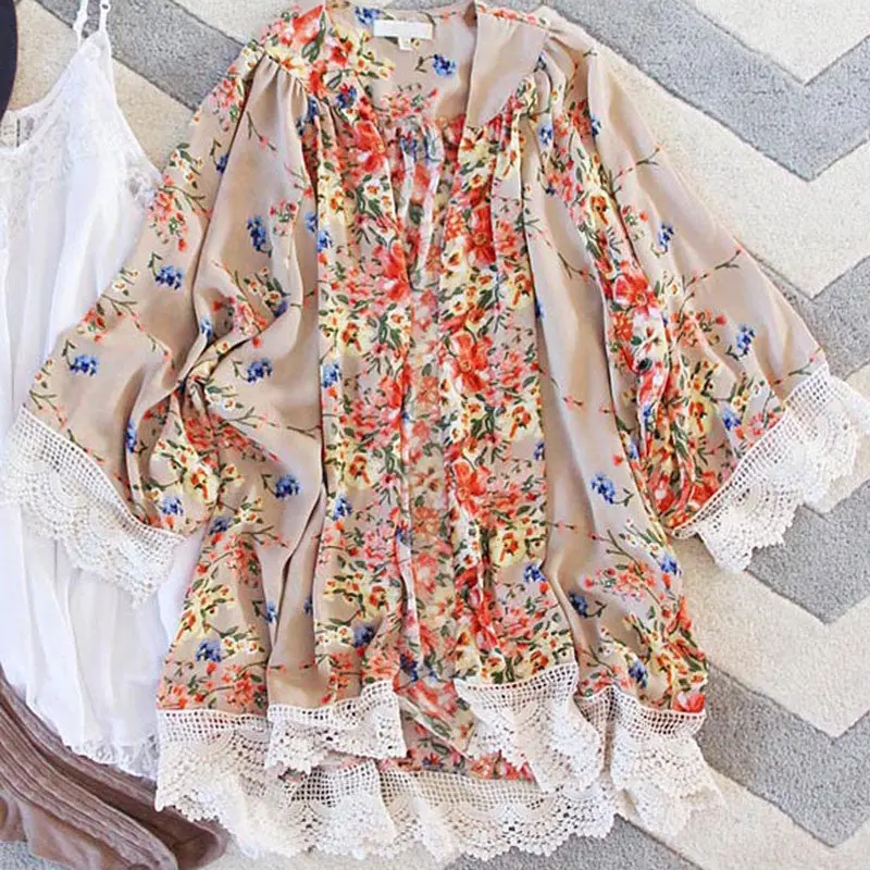 Fashion Floral Chiffon Kimono Women Cardigan Elegant Lace Women Flower Print Chiffon Blouse Shirt Women Loose Kimono Jacket 4