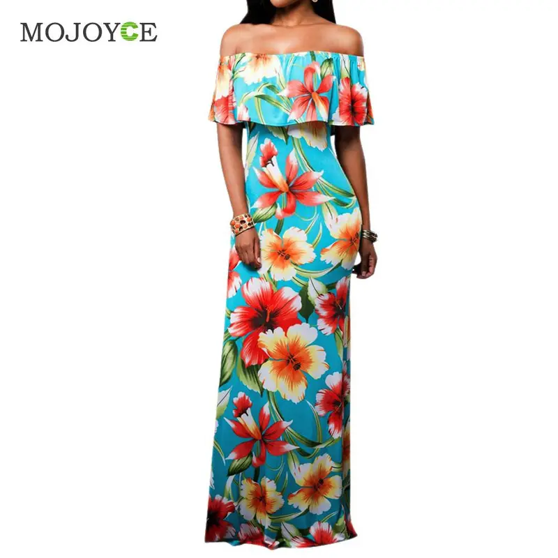 Fashion Floral Print Women Dress Vestidos Off Shoulder Bodycon Party Long Dress Slash Neck Boho Sundress Dress 1